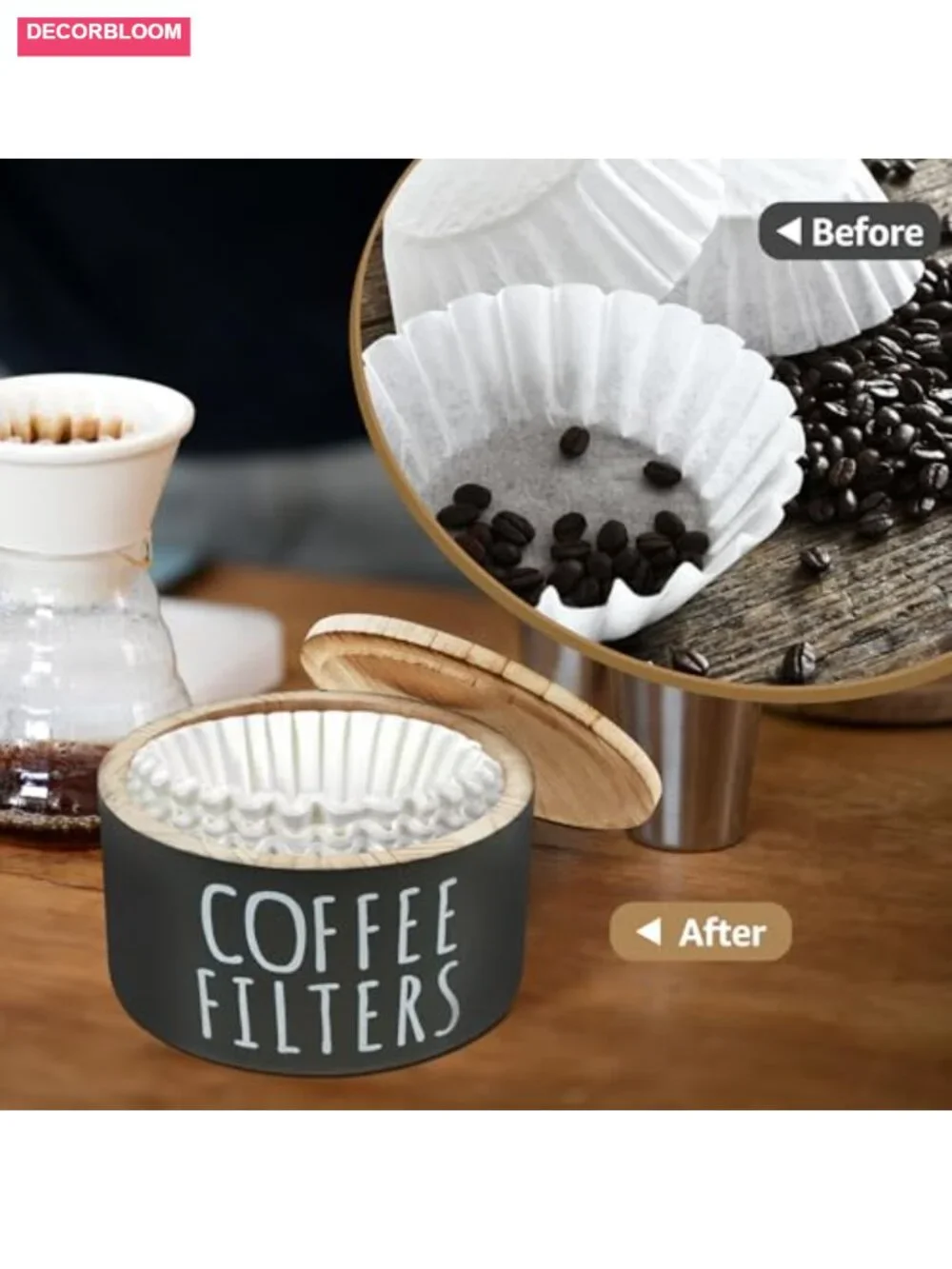 Wooden Coffee Filter Holder with Lid - Kitchen Countertop Storage Container